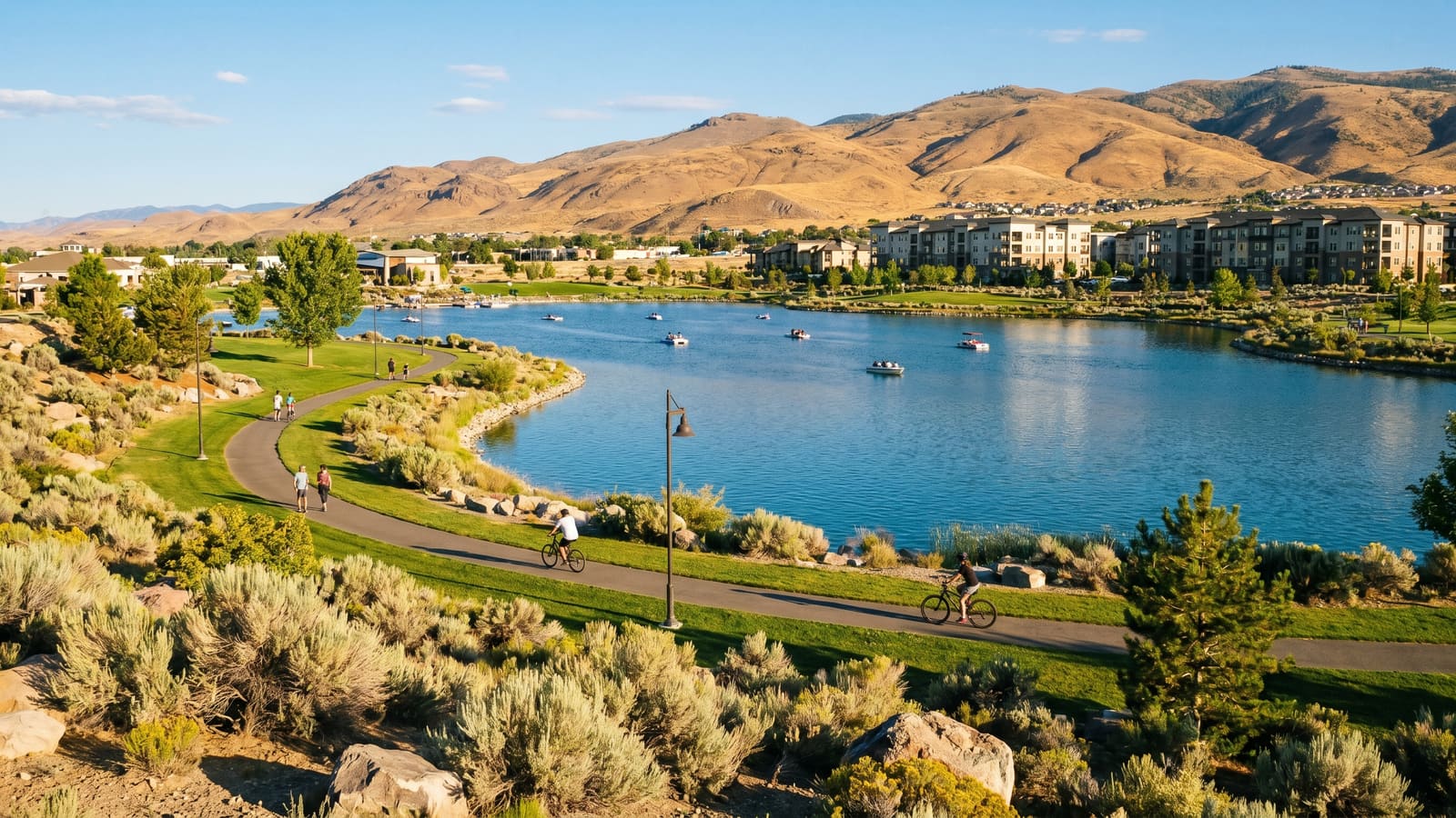 Sparks Marina park and lake near the Kiley Ranch master-planned community in Sparks Nevada with mountains behind